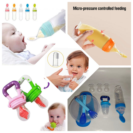 Silicone Feeding Set All In One Combo Deal | Feeding Spoon |Fruit Pacifier| Suction bowl| Fork & Spoon| Finger brush
